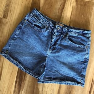 Medium wash high rise denim shorts